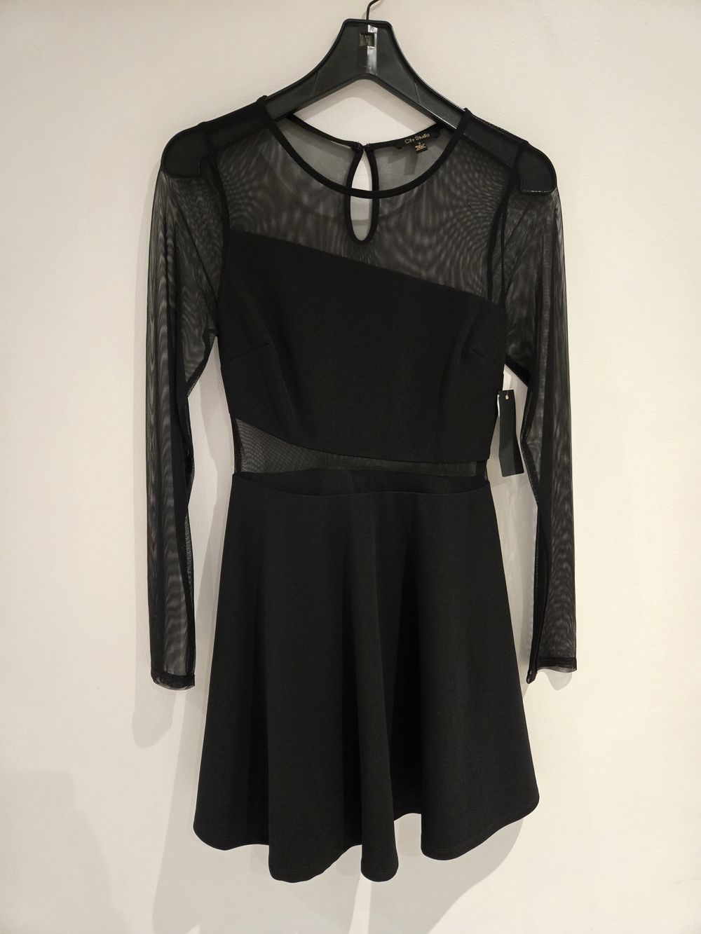 City Studio Black Long Sleeve Mesh Fit & Flare Dress